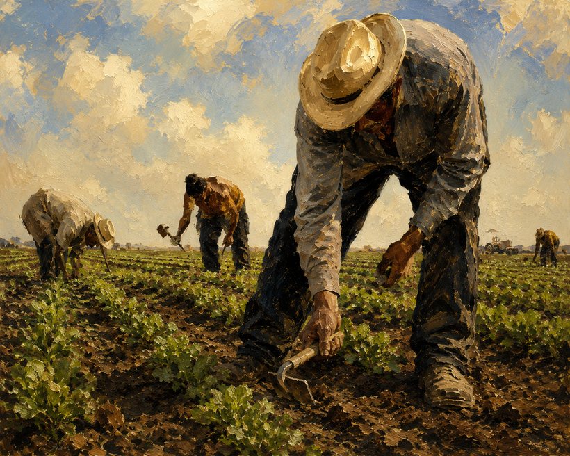 Painted scene of farmworkers bent at the waist, weeding a field with short-handled hoes